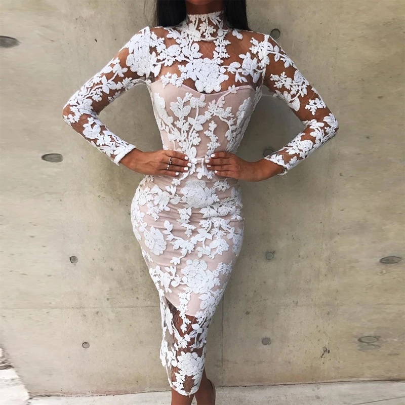 

New Arrival Fashion Long Sleeve Lace Dress Women Summer Bodycon Midi Celebrity Wedding Party Bandage Dress Vestidos Wholesale