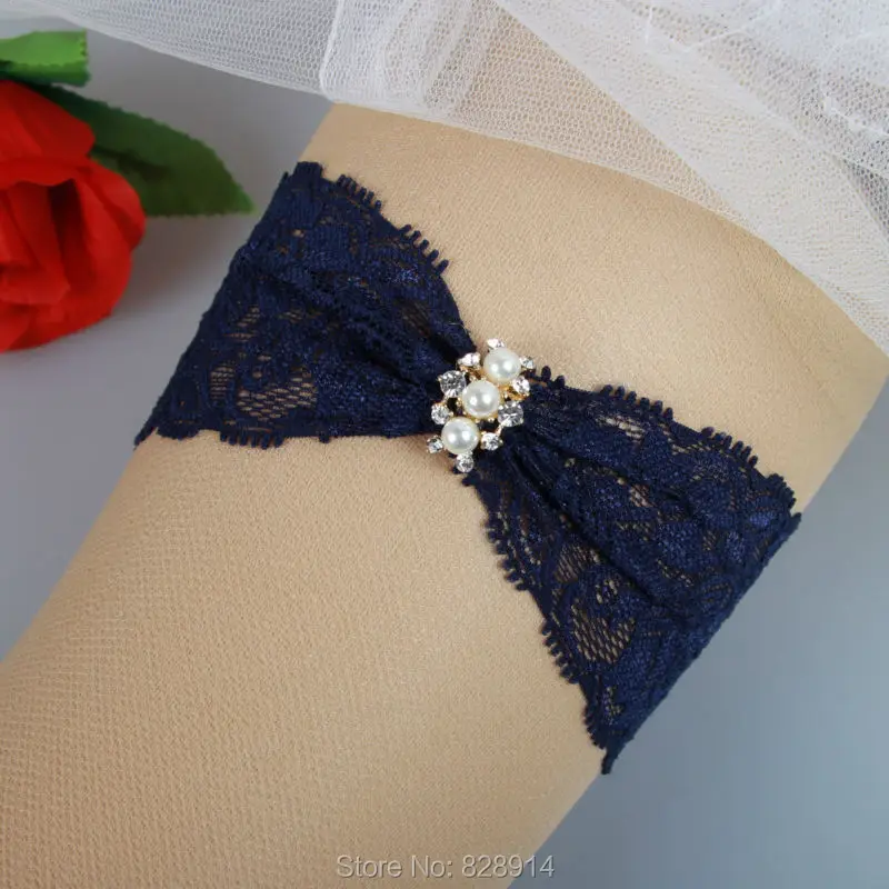 Original Design Vintage Navy Blue Lace Wedding Garter Belt With Rhinestones Bridal Garter Belt