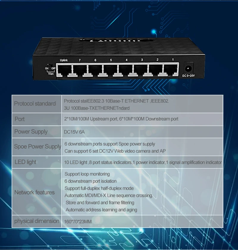 250M сетевой SPOE коммутатора Ethernet с 8 10/100 Мбит/с Порты 6 разделитель PoE подходит для IP Камера/Беспроводной AP/CCTV Камера Системы