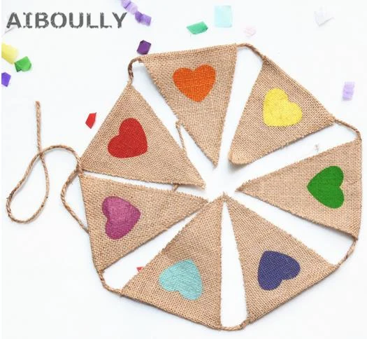 

Burlap Bunting Banners Jute Flags Colorful Heart for Vintage Wedding Valentine's Holiday Party Hanging Decoration Photobooth