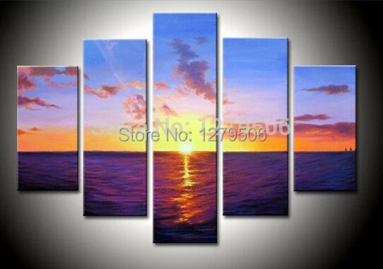 

100% Hand Painted Sunrise On The Ocean Landscape Oil Painting On Canvas 5Pcs/set Paintings Wall Decoration