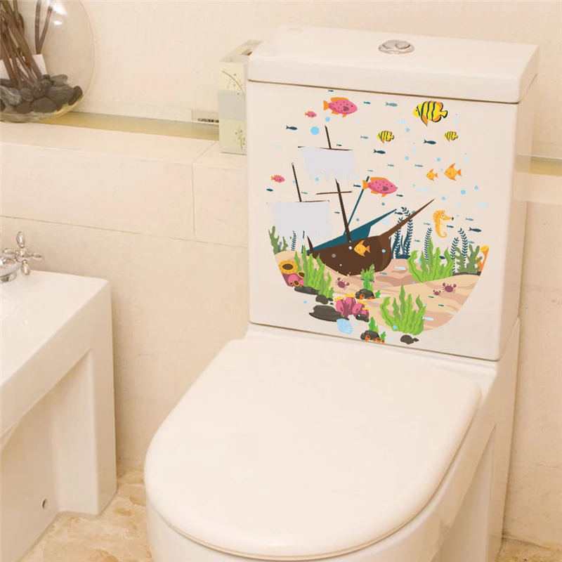 colorful underwater sea fish toilet wall stickers bathroom shop home decorations cartoon animals wall decals pvc mural art