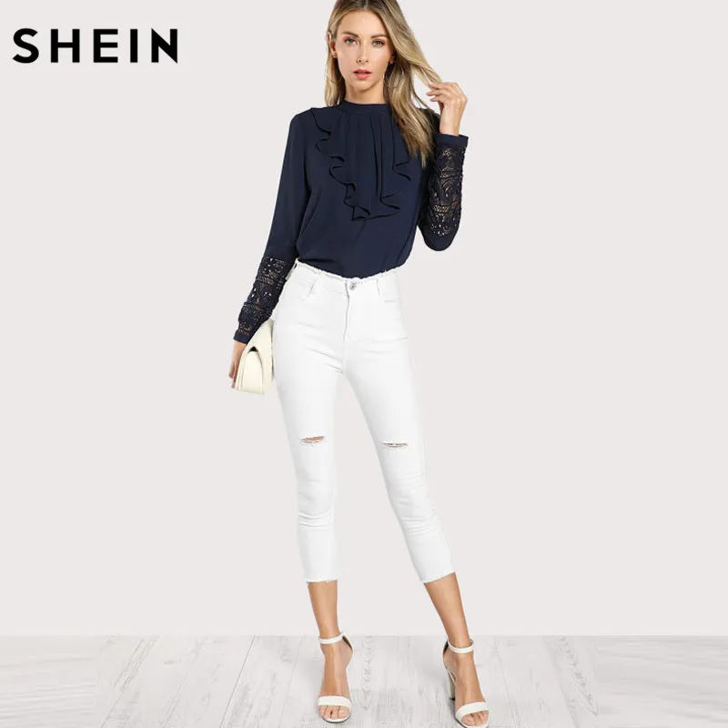 SHEIN Модный Топ С Оборкой И Кружевной Вставкой Женская Весенняя Элегантная Блузка