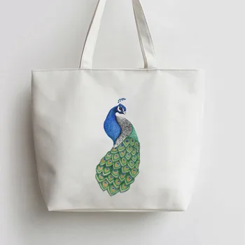 

Peacock Peahen Peafowls Canvas Shopping bag Cartoon Tote bags Reusable Shopper Bag ,Grocery Bag AN086