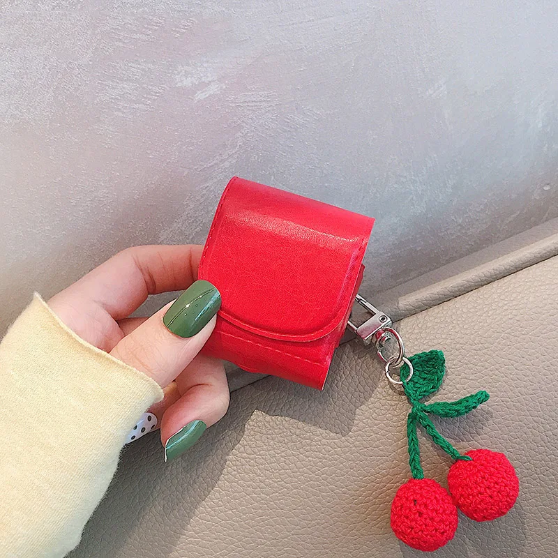 

Luxury Leather Case For Apple Airpods Bluetooth Earphone Cover With Cute Cherry Keychain For Airpods Headphones Case Accessories