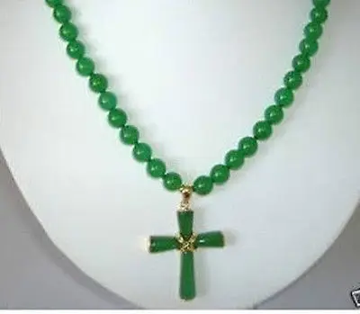 

FREE SHIPPING 8mm Green Jade Cross Pendant Necklace 18