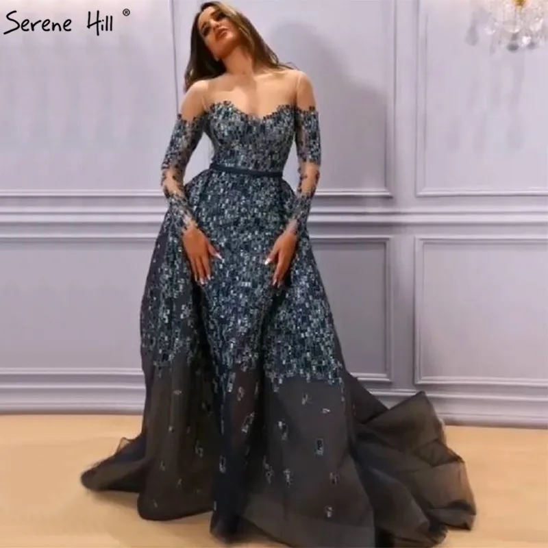 

Blue Luxury Mermaid Latest Design Evening Dresses 2019 Dubai Long Sleeves Sequined Evening Gowns Serene Hill LA70059