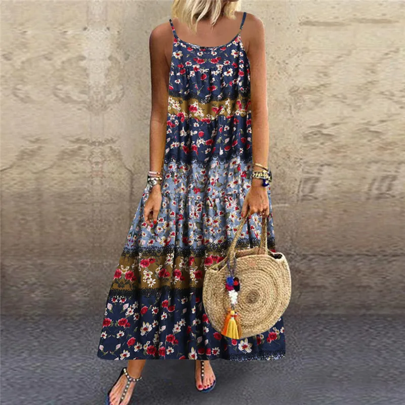 JAYCOSIN Платье женское повседневное свободное без рукавов Цветочное повседневное льняное с принтом длинное платье в римском стиле размера плюс S-5XL дропшиппинг#0626 - Цвет: PP