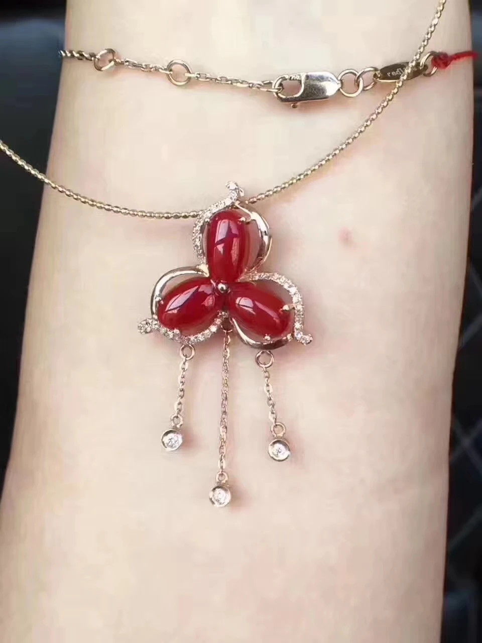 

natural red precious coral Pendant natural gemstone pendant necklace S925 silver Elegant tassel Clover Women party fine jewelery