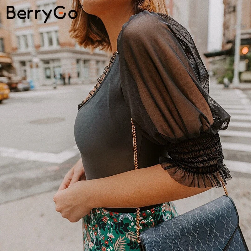 BerryGo النساء داخلية مثير داخلية الصيف bodycon السروال القصير قصيرة نفخة الأكمام الشيفون قميص ارتداءها السيدات t قميص playsuit