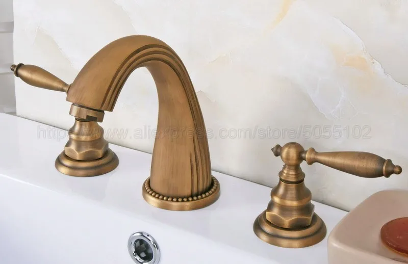 3 Hole Antique Brass Deck Mounted Bathroom Mixer Tap Bath Basin Sink Vanity Faucet Water Tap Bath Faucets zan069