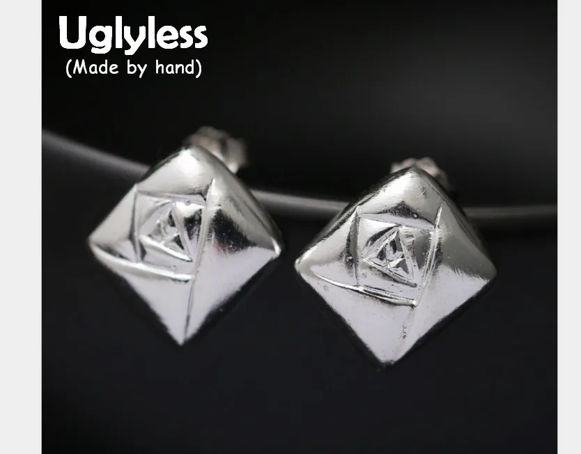 Uglyless Real S 990 Silver Square Studs for Women Handmade Engraved Rose Flower Stud Earrings MINI Size Geometric Brincos Bijoux | Украшения