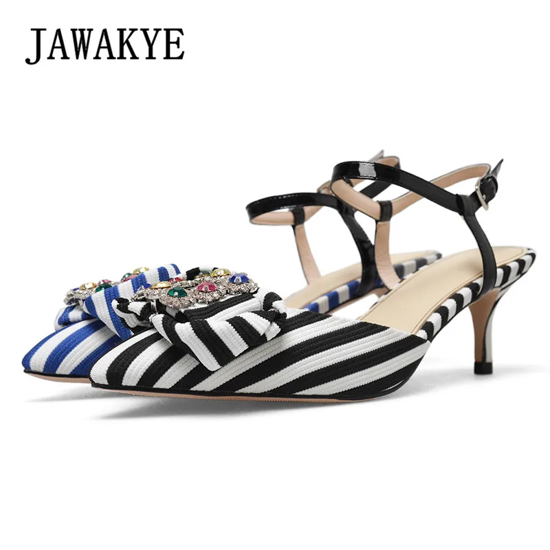 

JAWAKYE Pointed Summer Shoes Woman Stripes Rhinestone Buckle Gladiator Sandals Women Kitten High Heels Slingbacks zapatos mujer