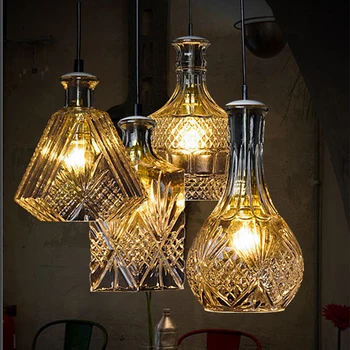 

Nordic personality led pendant light single head glass engraved wine bottle lamps for living room kitchen restaurant cafe bar