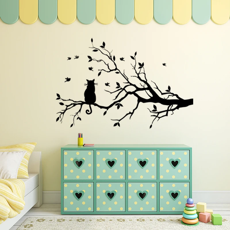 Kucing Di Cabang Pohon Burung Vinil Dinding Stiker Seni Hias Kucing Di Cabang Pohon Burung Vinil Dinding Stiker Seni Hias Kaca Jendela Dapur Rumah Dekor A017 Wall Stickers Dari