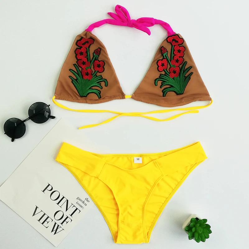 

Retro Floral Embroidery Bikinis Halter Women Swimwear Beach Bathing Suits Brazilian Bikini Set Push Up Swimsuit