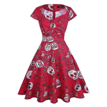 Vestido de patinadora de verano OTEN elegante Vintage rojo azúcar calaveras flor estampado 50s rockabilly fiesta de noche de talla grande vestidos de Halloween