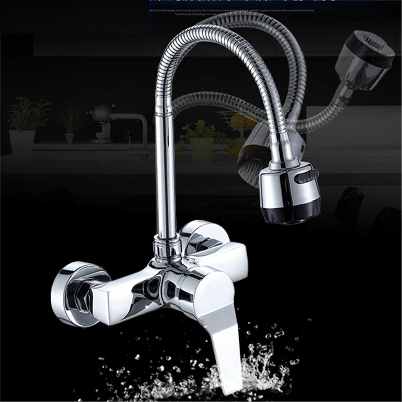  Wall Mounted Stream Sprayer Kitchen Faucet Single Handle Chrome Flexible Hose Kitchen Mixer Taps Du - 33028861512