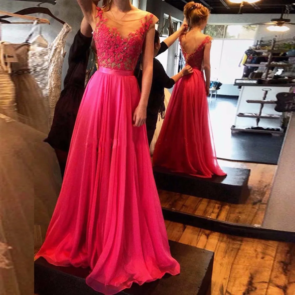 Long Prom Dress Hot Pink Prom Dresses A Line Lace Appliques Long Prom