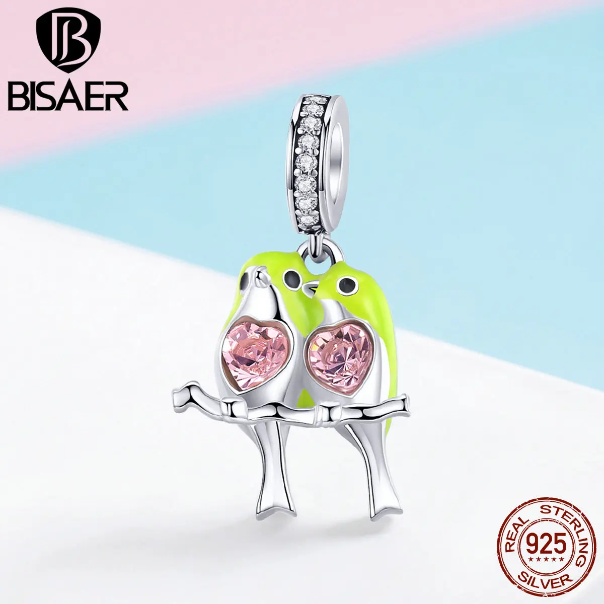 

BISAER Valentine Gift 925 Sterling Silver Love Birds Couple Bird Gift fit Necklaces & Bracelets Silver Jewelry ECC1018