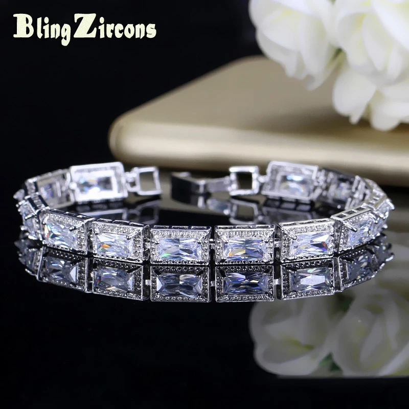 BlingZircons Luxury CZ Crystal Bridal Bracelet Top Quality Big Cubic Zircon Stone Paved Wedding Bracelets Bangles For Women B102