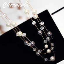 Charmwin 3 слоя бисера Длинная цепочка ожерелье s для женщин бренд класса люкс имитация жемчуга золотого цвета Кристалл свитер ожерелье PN0293