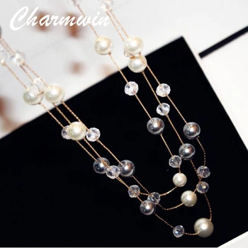

Charmwin 3 Layers Beads Long Chain Necklaces For Women Brand Luxury Simulated Pearl Gold Color Crystal Sweater Necklace PN0293