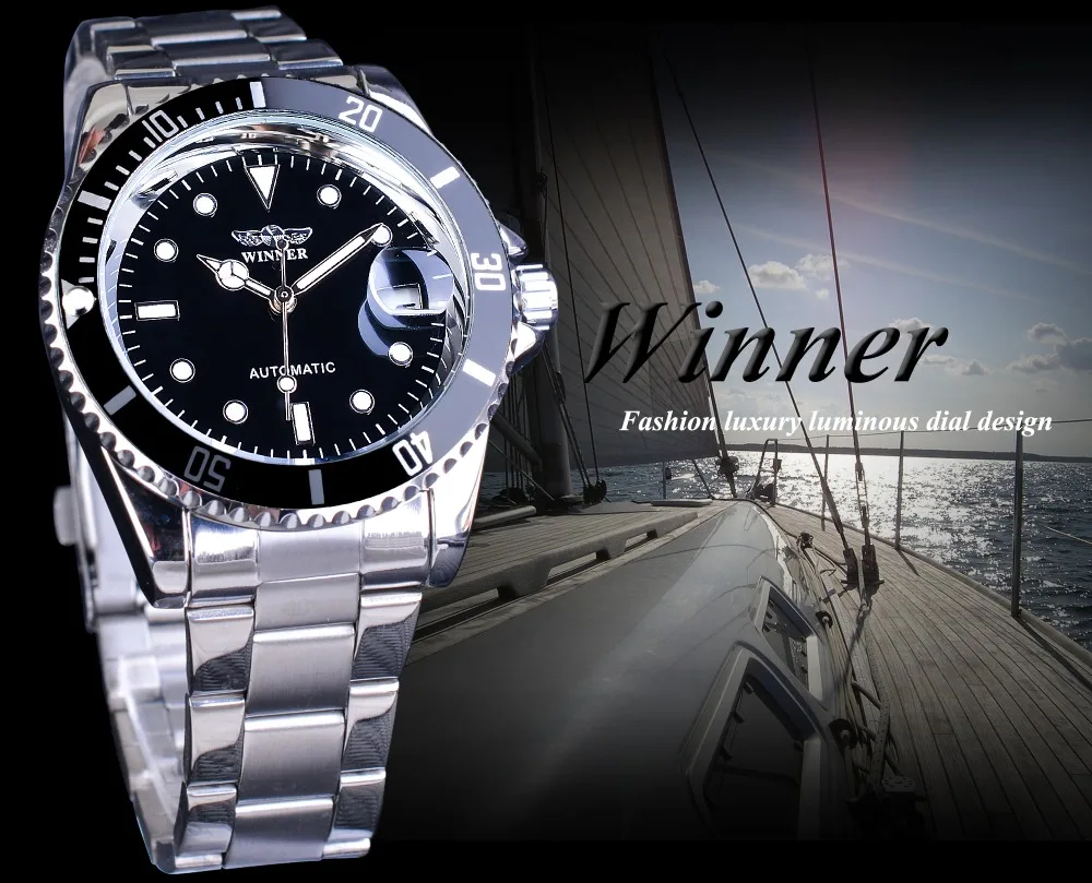 Winner часы модные спортивные часы черный дисплей светящиеся стрелки Серебро Сталь Corgeut Мужские автоматические часы лучший бренд класса люкс