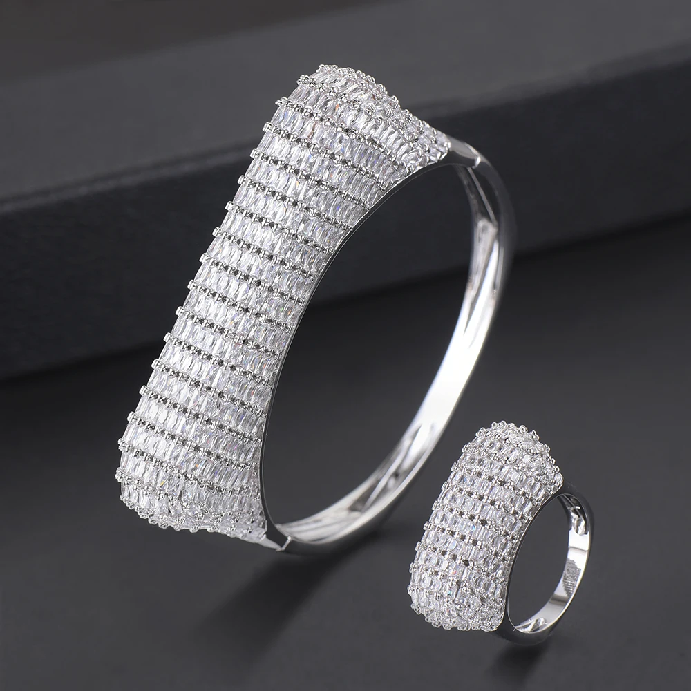 

2 PCS Christmas Gift Geometric Shape Wedding Jewelry Sets Full Cubic Zirconia Bangle Bracelet Ring For Indian Nigerian Wedding