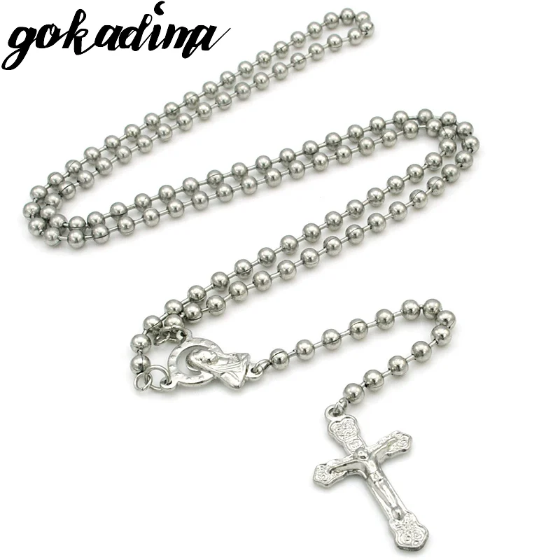 

Gokadima men's stainless steel rosary necklaces beads chain Jesus Cross Crucifix women's jewellery hip hop style WRN82