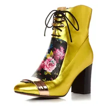 2017 New fashion winter brand shoes printed flower square toe high heel gladiator women mid calf boots mixed colors runway style