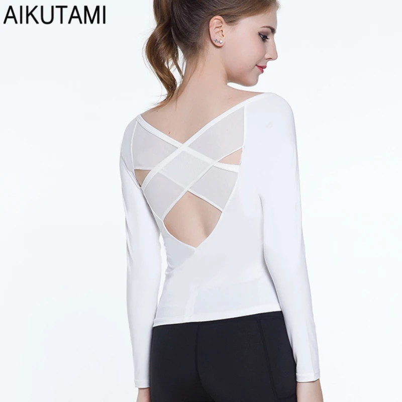 

Gym Long Shirts for Women Yoga Top Mesh Cross Backless Sport Shirt Workout Tee Shirt Sport Femme Crop Top Fitness Clothing