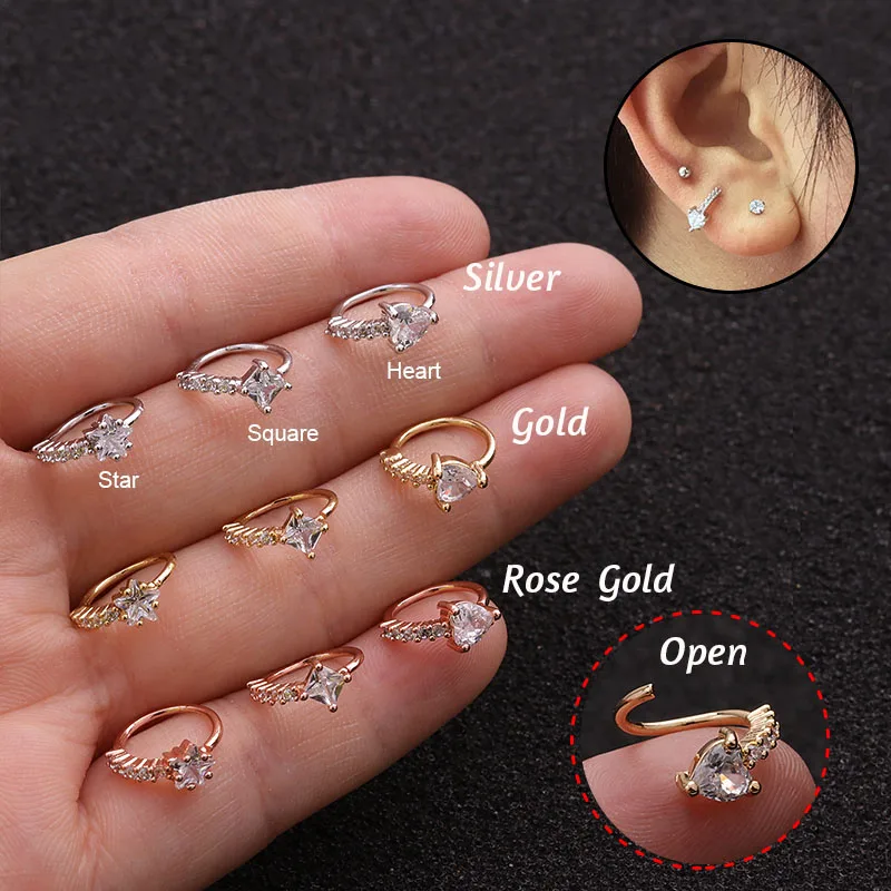 1PC 20gx8mm Star Square Heart Zircon Nose Hoop Ear Gauges And Nose Piercing Jewelry Hoop Cartilage Helix Tragus Rook Earring