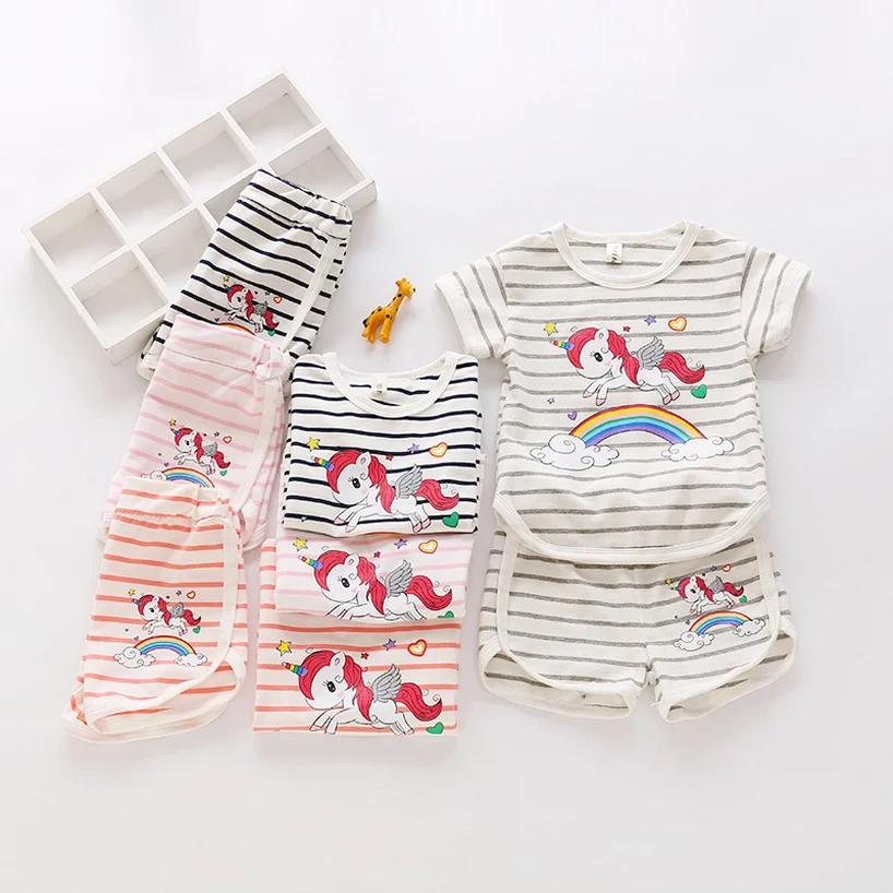 2019 Girls Cartoon Rainbow Unicorn Clothing Sets Children's Striped Short Sleeve T-Shirt + Shorts Kid Set Girls Clothes 2019 Girls Cartoon Rainbow Unicorn Clothing Sets Children's Striped Short Sleeve T-Shirt + Shorts Kid Set Girls Clothes