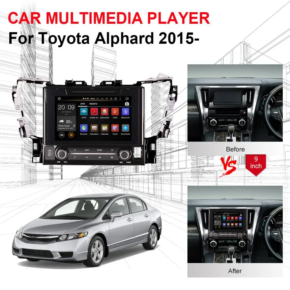 Flash Deal 9 Inch Android 8.0 Octa Core 4GB RAM Car GPS Navigation For Toyota Alphard 2015- DVD Multimedia Player Radio Stereo Bluetooth 3