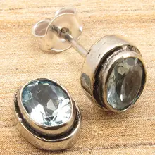 PEQUEÑOS Aretes de 3/8 pulgadas Maravilloso topas AZUL Gemas de Joyería Plateada de Plata PAR