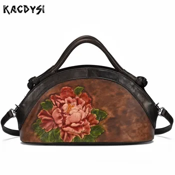 

First Layer Genuine Leather Original Embossing Women Handbags Vintage Brush Color Famous Brand Unique Female Tote Shoulder Purse
