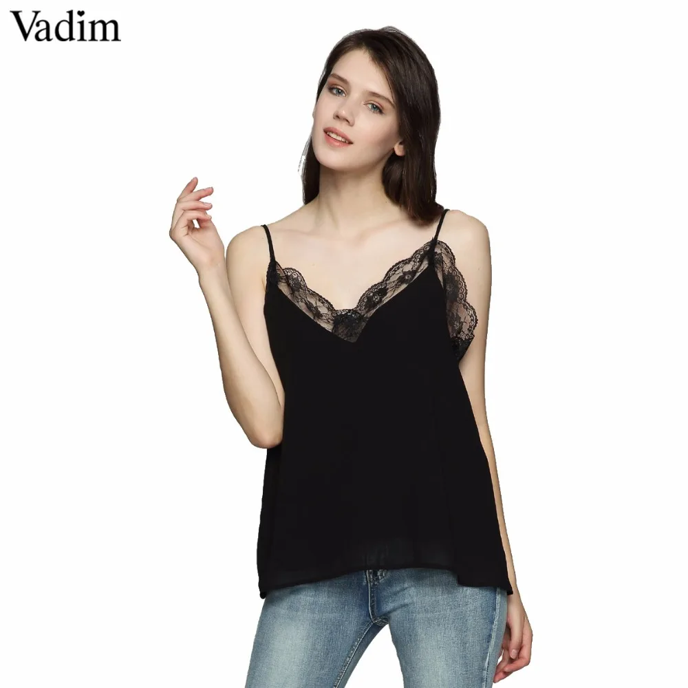 

Vadim sexy V neck lace patchwork camis blouse with lining sleeveless backless shirt ladies black chic tank tops WT387