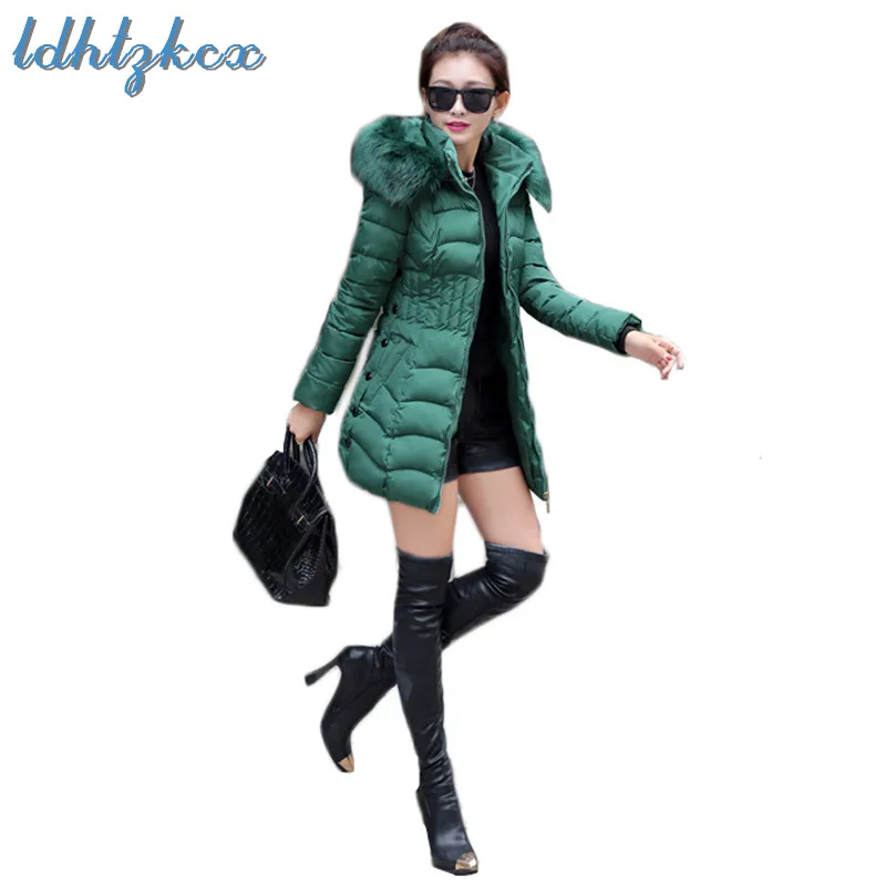Зимнее пальто Для женщин зеленый L-4XL плюс Размеры большой меховой парки с капюшоном Новинка весны в Корейском стиле офисные элегантные тонкие длинные толстые куртки LD912