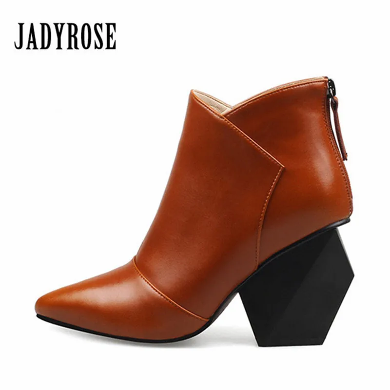 

Jady Rose Brown Back Zipper Women Ankle Boots Genuine Leather Strange Heel Botas Pointed Toe Botas Mujer High Heels Women Pumps