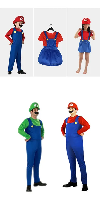 New Super Mario Cosplay Costumes Kids Adult Funy Luigi Bros Plumber Purim Cartoon Fancy Ball Dress Family Christmas Party Suit