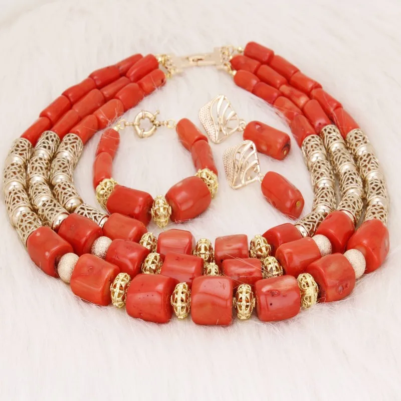 Dudo Store африканские коралловые бусины наборы для свадеб Новые 3 ряда Genunie Коралловый Набор для невесты Edo традиционные свадьбы массивные - Окраска металла: Orange Color