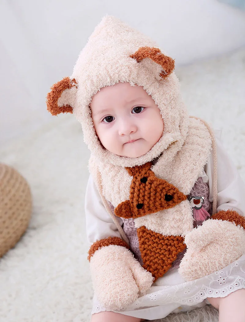 6 months to 3 Years old cartoon fox beanies hats sets wool kids soft winter 3 pcs baby boys girl scarf hat glove set