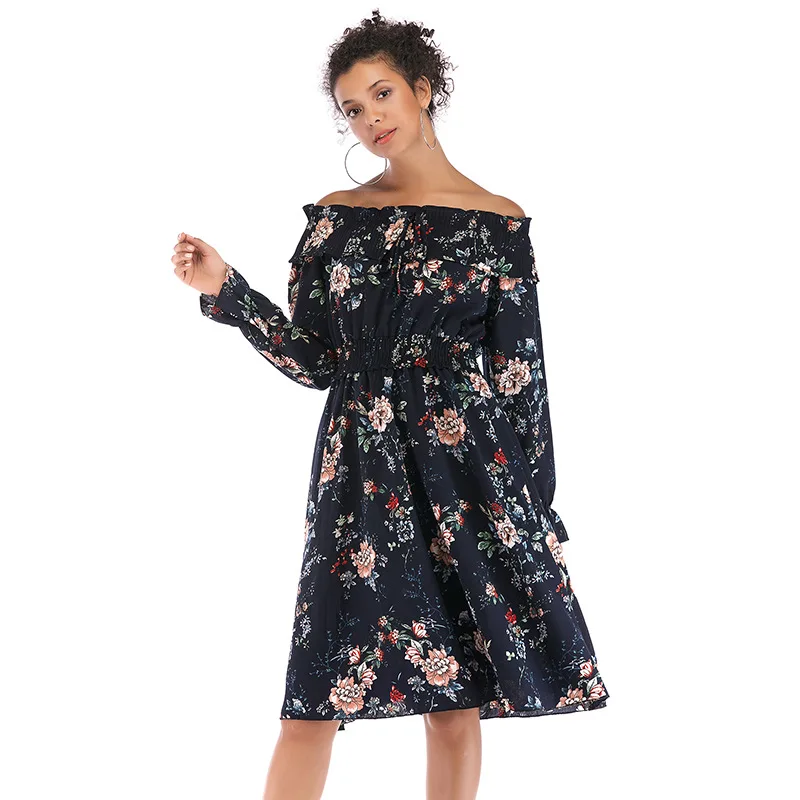 

New Black Women's Dresses European and American Flowers Image neck strapless flower dress long-sleeved style chiffon clothing