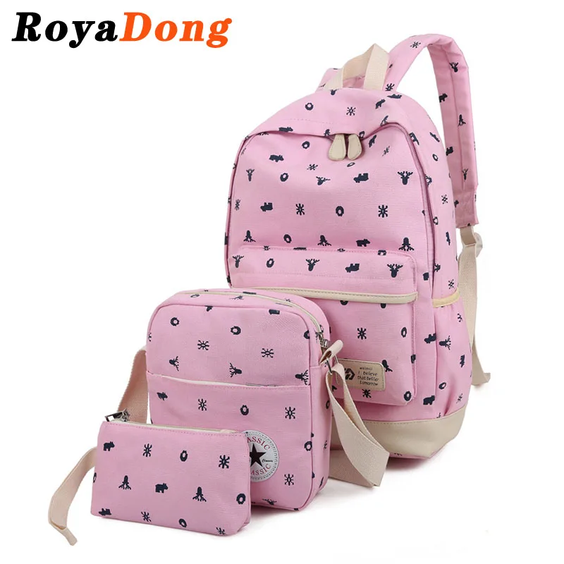 RoyaDong 2016 Printing Backpacks Set Women Canvas Animal Prints Candy Color Cute School Bags For Teenage Girls