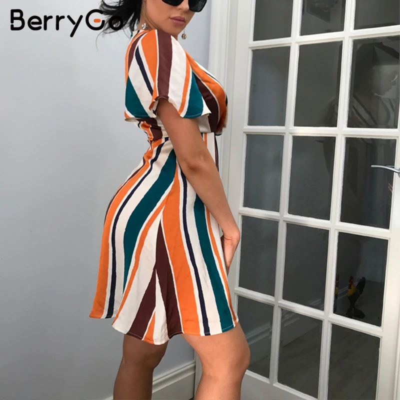 

BerryGo Rainbow stripe dresswomen mini dresses Sexy v-neck summer dress Elegant short sleeve office ladies dress vestidos 2019