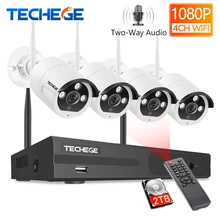 Techege 4CH 1080P Wireless CCTV System Two Way Audio 2MP Waterproof Outdoor Metal Camera System WIFI Video Surveillance Kit