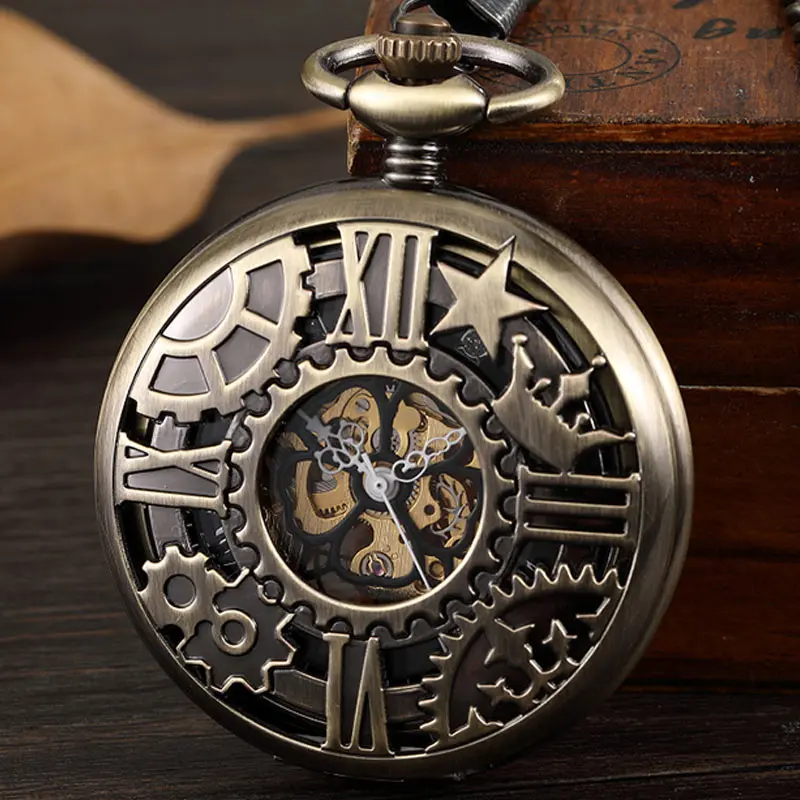 

Bronze Hollow Geometric Patterns Vintage Mechanical Pocket Watch Men Hand Wind Stainless Steel Retro Fob Watch With Chain