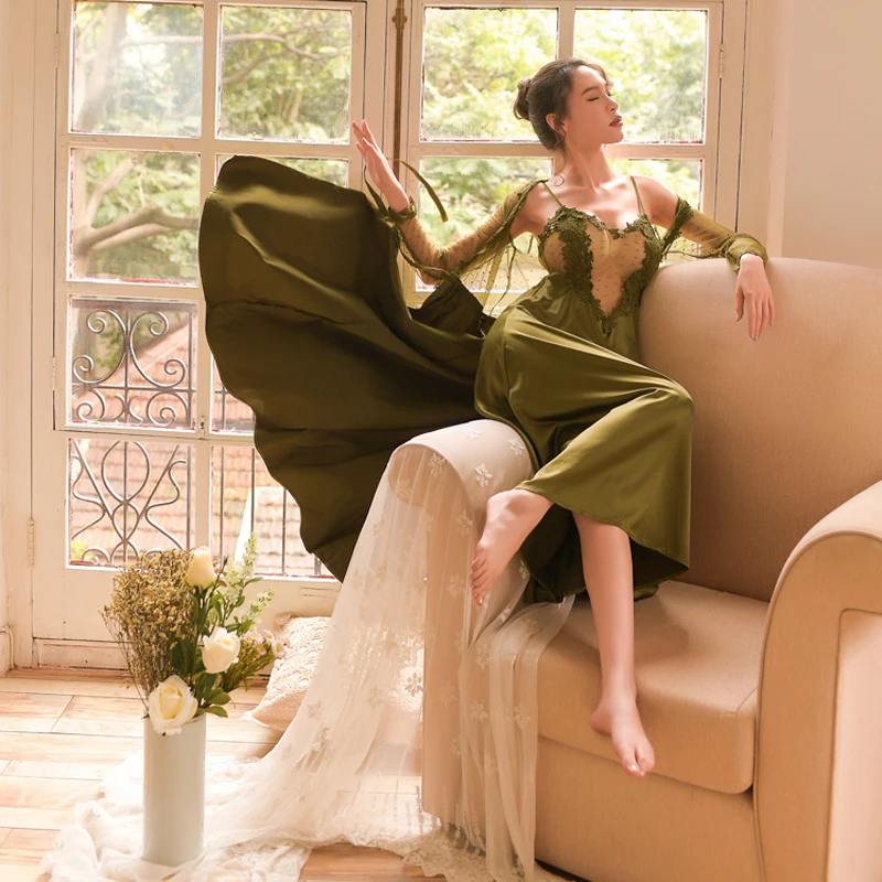 4 цвета кружевное атласное белье свадебное Длинное ночное платье ночные ...