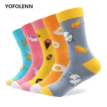 5 пар/лот, милые носки с героями мультфильмов, женские носки из чесаного хлопка с рисунком банана и мыши, длинные носки без пятки, забавные цветные носки